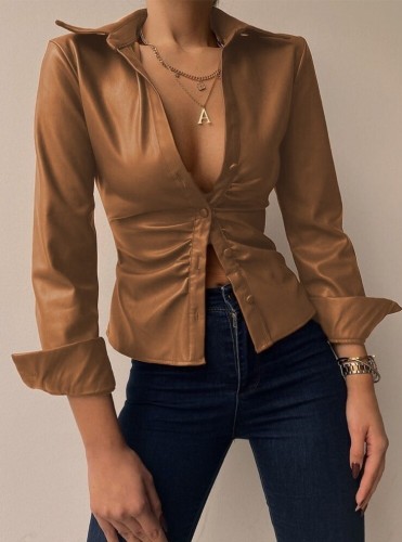 Women Spring Brown Classic Long Sleeves Leather Blouse