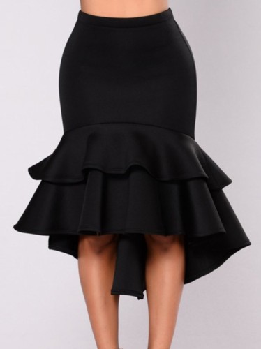 Falda formal de cintura alta de sirena alta baja negra de primavera para mujer