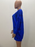 Women Spring Blue Letter Print O-Neck Long Sleeves Sweatshirt Dress