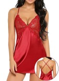 Women Red Lace Satin Chemise with G-String Sexy Pajama Valentine Lingerie