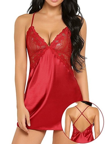 Chemise de satén de encaje rojo para mujer con tanga Pijama sexy Lencería de San Valentín