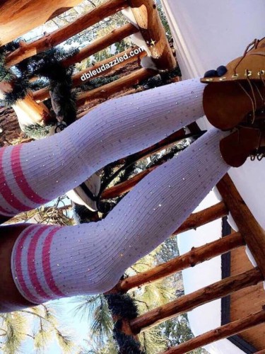 Women White Sexy Over-knee Beaded Striped Cotton Socks