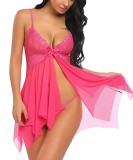 Women Rose Lace Mesh Babydoll and G-String Sexy Underwear Valentine Lingerie