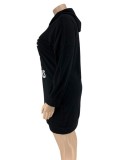 Women Spring Black Letter Print Long Sleeve Plus Size Hoody Dress