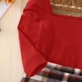 Kids Girl Spring Red Shirt and Plaid Mini Skirt Two Piece Set