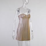 Women Summer Gold Sparkly Sexy Strap Short Party Dress
