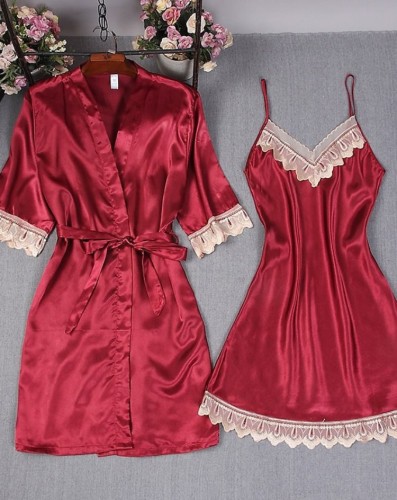 Conjunto de pijama feminino com robe curto quimono vermelho de duas peças