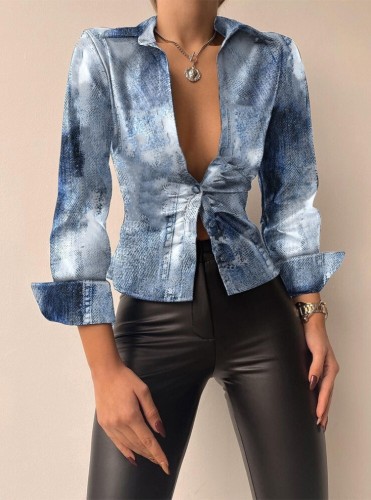 Women Spring Print Classic Long Sleeves Leather Blouse