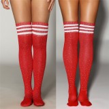 Women Red Sexy Over-knee Beaded Striped Cotton Socks