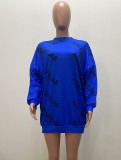 Women Spring Blue Letter Print O-Neck Long Sleeves Sweatshirt Dress