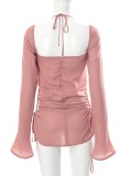 Women Spring Pink Long Sleeve Hollow Out Mini Club Dress