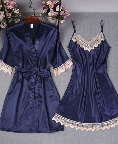 Conjunto de pijama feminino com manto curto quimono azul royal de duas peças