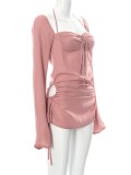 Women Spring Pink Long Sleeve Hollow Out Mini Club Dress