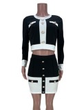 Women Spring White and Black Crop Top and Mini Skirt Two Piece Set