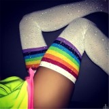 Women White Sexy Over-knee Beaded Rainbow Striped Cotton Socks