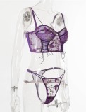 Women Purple Floral Mesh Bra and Panty Sexy Underwear Valentine Lingerie