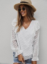 Blusa casual de manga larga con cuello en V blanca de verano para mujer