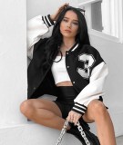 Women Spring White and Black Leather Patchwork Loose Baseball Jacket