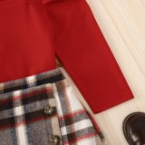 Kids Girl Spring Red Shirt and Plaid Mini Skirt Two Piece Set