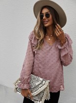 Blusa casual de manga larga con cuello en V rosa de verano para mujer