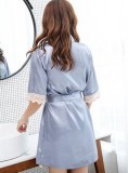 Women Light Blue Two Piece Short Kimono Robe Pajama Set