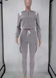 Spring Women Casual Gray Zipper Long Sleeve Hoodies and Sweatpants Two Piece Wholesale Sportswear