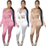 Spring Women Sexy Pink Tied Bow Turndown Collar Long Sleeve Blouse and High Waist Pants Two Piece Set