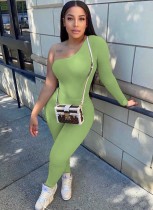 Primavera Mujer Sexy Verde Un hombro Manga larga Slim Fit Conjunto de pantalones de dos piezas