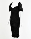 Summer Women Elegant Black Sweetheart Puff Short Sleeve Ruched Bodycon Dress