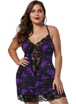 Vestido de dormir con tirantes eróticos de encaje estampado púrpura sexy para mujer de talla grande