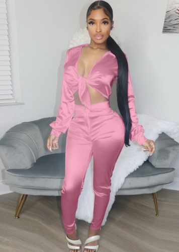 Conjunto de duas peças para mulheres primavera sexy com laço rosa com laço de abertura de cama, blusa de manga comprida e calças de cintura alta