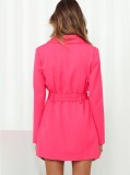 Spring Women Rose Red Turndown Collar Full Sleeve Pocket Long Blazer with Belt