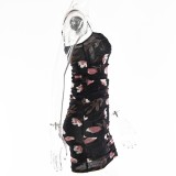 Summer Women Sexy Floral Black Mesh Straps Ruched Bodycon Dress