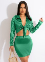 Spring Women Sexy Green Turndown Collar Tied Bow Long Sleeve Crop Blouse and Pencil Skirt Wholesale Two Piece Sets