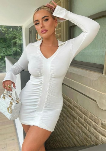 Frühling Frauen Sexy Weiß Umlegekragen V-Ausschnitt Langarm Bodycon Kleid