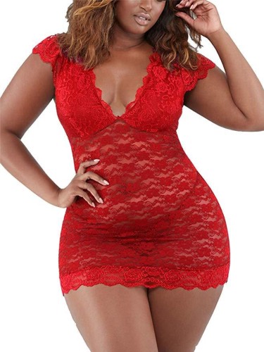 Vestido longo feminino sexy de renda vermelha com decote em V transparente Temptation apertado nightclub roupa íntima