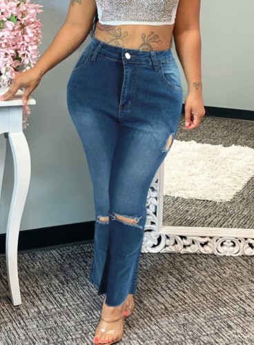 Jeans femininos sexy plus size azul escuro de cintura alta com buraco rasgado e slim fit