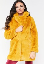 Abrigo de piel sintética de manga larga con cuello de cobertura amarillo cálido para mujer de invierno