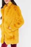 Winter Women Warm Yellow Turndown Collar Long Sleeve Faux Fur Overcoat