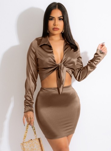 Spring Women Sexy Brown Turndown Collar Tied Bow Long Sleeve Crop Blouse and Pencil Skirt Wholesale Two Piece Sets