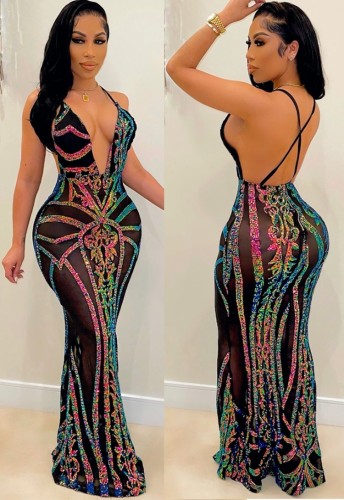 Spring Women Sexy Multicolor Sequins Plunge V-neck Backless See Through Straps Mermaid Evening Dress