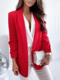 Spring Women Elegant Red Turndown Collar Long Sleeve Formal Blazer