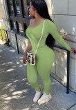 Spring Women Sexy Green One Shoulder Long Sleeve Slim Fit Two Piece Pants Set