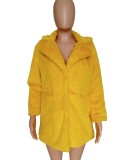 Winter Women Warm Yellow Turndown Collar Long Sleeve Faux Fur Overcoat