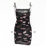 Summer Women Sexy Floral Black Mesh Straps Ruched Bodycon Dress