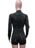 Spring Women Sexy Black Hollow Out Turtleneck Long Sleeve Slim Fit Top and Shorts Wholesale Two Piece Sets
