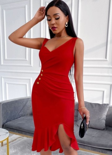 Summer Women Elegant Red V-neck Straps Slit Ruffled Formal Midi Dress