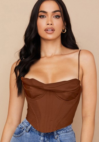 Summer Women Sexy Brown Luxury Zipper Back Crop Padded Bralette Corset Top