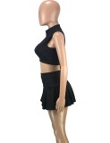 Summer Women Sexy Black Zpper Sleeveless Crop Tank and A-line Skirt Wholesale Two Piece Sets
