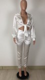 Spring Women Sexy White Tied Bow Turndown Collar Long Sleeve Blouse and High Waist Pants Two Piece Set